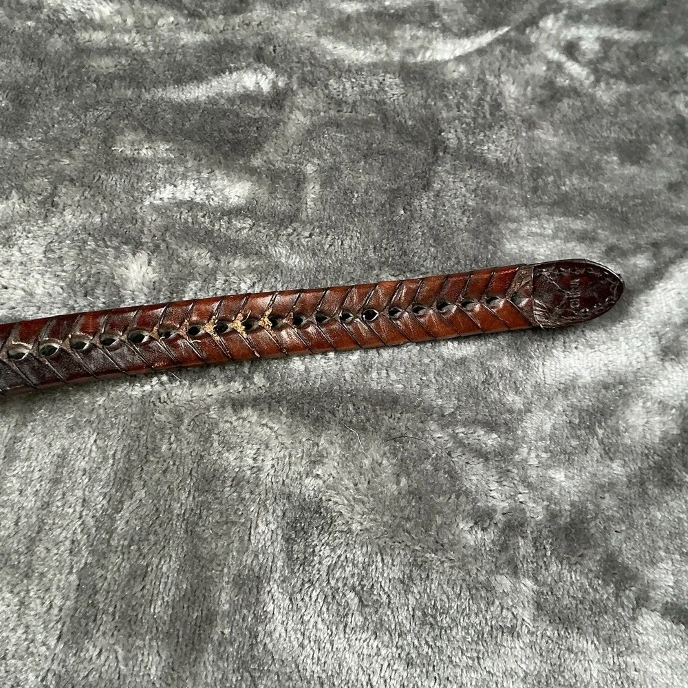 Vintage Mens Leather Hand Braided Woven Belt Brown Basket Weave Silver Buckle 42